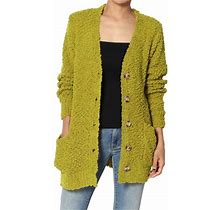 Themogan Women's Plus Cozy Button Down V-Neck Teddy Knit Sweater Cardigan W/ Pockets Olive Mustard 2X