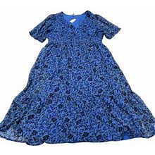 Old Navy Blue Printed Waist-Defined V-Neck Midi Dress Womens Size Xl
