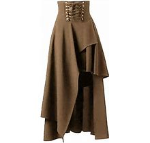 Fauean Dress For Women Vintage Drawstring Tied Irregular Hem Skirts Fashion Clothing Khaki Size L