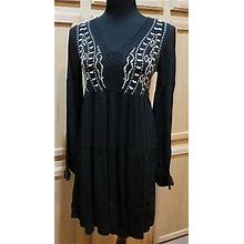 True Craft Black Embroidered Tie-Neck Babydoll Dress, S - $48