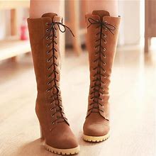 Women Knee High Chunky Heel Lace Up Boots, Yellow / US7.5
