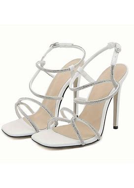Women's Solid Color Glitter Sandals, Ankle Buckle Strap High Heel Rhinestone Decor Shoes, Summer Party Dress Shoes,White,High Demand,Temu