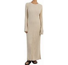 Sior Women Long Sleeve Ruched Pleated Ribbed Knit Maxi Long Dress Crew Neck Bodycon Ruffle Trim Y2K Sweater Dress Apricot Small
