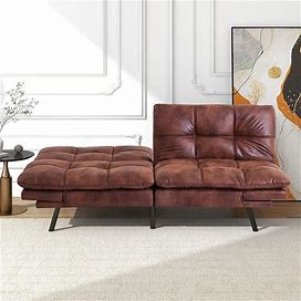 Modern Faux Leather Futon With Memory Foam And Adjustable Armrests. - Leather Brown