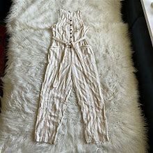 American Eagle Outfitters Pants & Jumpsuits | Aeo Striped Button Down Tie Waist Jumpsuit | Color: Cream/White | Size: M