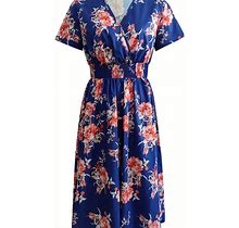 Floral Print Shirred Dress, Women's Elegant Neck Women's Clothing Short Sleeve Dress,Blue,All-New,Temu