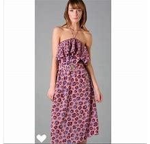 Rebecca Taylor 100% Silk Pom Pom Pink Blue Floral Strapless Belted Dress Size 8
