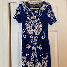 Cynthia Steffe Dresses | Nwot Cynthia Steffe Knit Sheath Dress Knee Length. Black, Electric Blue White. S | Color: Black/Blue | Size: S