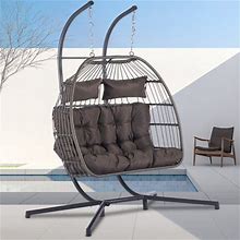 SEGMART 2-Person Hanging Swing Chair With Stand Double Hanging Egg Chair With Cushion And Pillow Foldable Wicker Rattan Patio Basket Hanging Chair For Indoor Outdoor Garden Dark Gray