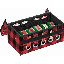 Mdesign Gift-Wrapping Ribbon Storage Box With Handles - Holiday Bow Organizer Container With Lid - Christmas Giftwrap Ribbon Holder - Gift Storage Tote Bin And Bow Station - Buffalo Plaid Red/Black