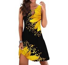 Summer Dress Saving! Itsun Womens Dress Casual Loose Floral Printed Tank Hollow Out Beach Sundress Sleeveless Dresses Yellow XL