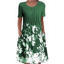 Jwzuy Floral Printed Dress Trendy Pleated Pocket High Waist Dress Regular Fit Dress 50% Off Discount Dresses For Women Crewneck Short Sleeve Dress Gre