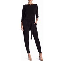 Nina Leonard Three-Quarter Length Sleeve Waist Tie Jumpsuit - Black - Full Length Jumpsuits Size Small