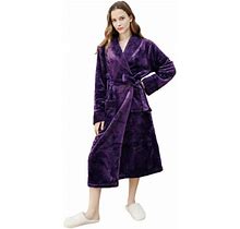 Womens Flannel Robe With Shawl Collar Plush Soft Warm Long Spa Night