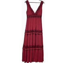 Forever 21 Red Burgundy Rayon Maxi Halter Dress Tiered V-Neck Women's