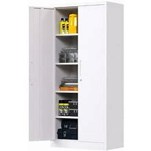 Pemberly Row Metal Garage Storage Cabinet W/ Doors & Lock Steel Locking In White