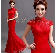 Women Chinese Wedding Lace Dress Cheongsam Qipao Embroidery Evening Long Dress