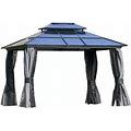 Outsunny 10' X 10' Polycarbonate Hardtop Patio Gazebo Canopy Outdoor Pavilion With Double Tier Roof Stable Steel Frame Curtains And Net Sidewalls