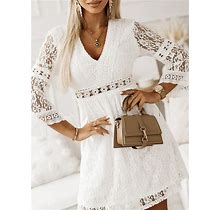 Women Plain V Neck Three Quarter Sleeve Comfy Casual Lace Short Dress White/L