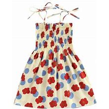 Bagilaanoe 1-6Y Toddler Baby Girls Sling Dress Sleeveless Smocked Ruched Floral/Strawberry Printed A-Line Dresses