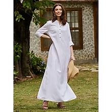 Lightinthebox Women's White 55% Linen Linen Dress Casual Plain Crew Neck Long Sleeve Maxi Dress Loose Summer Spring