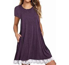 Holiday Clearance! Zpanxa Dresses For Women O Neck Casual Lace Short Sleeve Above Knee Dress Loose Party Dress Womens Dresses Purple Dress L