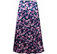 Plus Size 0X Extra Tall Women Boho Skirt - Elastic Waist Maxi Skirt Teal Garden Print A-Line