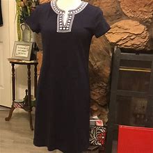 Talbots Dresses | Navy Blue Knit Dress With Embroidered Trim At Neckline With V Front | Color: Blue/Red | Size: 2P
