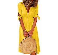 Frontwalk Ladies Knee Length Short Sleeve Dresses Bowknot Ruched Shirt Dress Womne Solid Color Travel Sundress