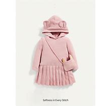 Baby Girl Academic Style Hooded Pressed Pleats Solid Color Dress And Crossbody Bag 2pcs,0-1m