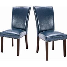 COLAMY Upholstered Parsons Dining Chairs Set Of 2, PU Leather Dining Room Kitchen Side Chair With Nailhead Trim And Wood Legs - Blue