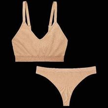 Women's Ribbed Seamless Bralette + Thong Underwear - Sandcastle - 2X - Bombas