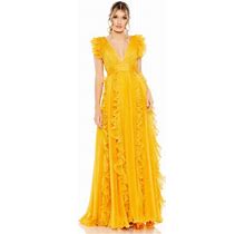Mac Duggal 49539 Long Ruffle Cap Sleeve Formal Dress In Marigold Sz 14