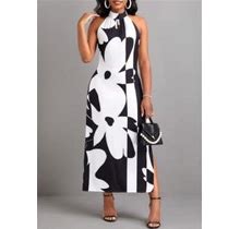 Rosewe Floral Print Sleeveless A Line Maxi Dress Floral Print Split Black A Line Maxi Dress - M