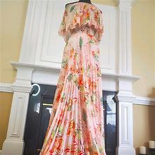 Pleated Floral Floor Length Maxi Dress | Color: Orange | Size: M
