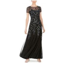 Adrianna Papell Womens Black Sequined Mesh Floral Short Sleeve Illusion Neckline Full-Length Evening Fit + Flare Dress 0