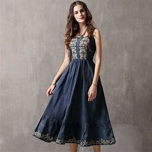 Womens Vintage Denim Floral Embroidery Sleeveless Dress Ball Gown Jeans Skirts
