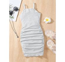 Young Girls' Simple Fashion Sleeveless Spaghetti Strap Bodycon Ruched Solid Color Dress For Summer,5Y