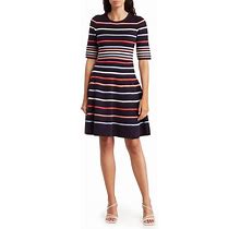 Vince Camuto Stripe Elbow Sleeve Fit & Flare Dress - Black - Mini Dresses Size Small