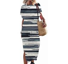 Finelylove Mini Summer Dress Fitted Dress Slit Neck Solid Short Sleeve Maxi Black
