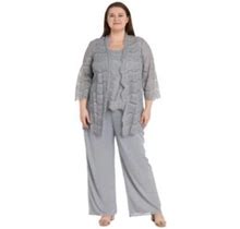 R & M Richards Women's 3Pc Duster Pant Suit, Lace Shell And 3/4 Sleeve Lace Jacket W/Scallop Detail And Matte Jersey Chiffon Pant, Silver, 16W