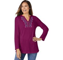 Plus Size Women's Embroidered Thermal Henley Tee By Woman Within In Deep Claret Vine Embroidery (Size 2X) Long Underwear Top