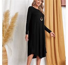 Zunfeo Women Casual Dress- Spring Summer Solid Fit & Flare Dress Midi Dress Crew Neck Loose Simple Dress Long Sleeves Dress Black 10