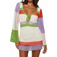 Centuryx Women Hollow Out Crochet Knit Dress Swimsuit Cover Ups Low Cut Halter Beach Dresses Sundress Resort Wear Party Clubwear White XL