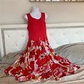 Kaktus Dresses | Kaktus Red Flower Pattern Loose Fit Sleeveless Dress Free Shipping | Color: Red | Size: L