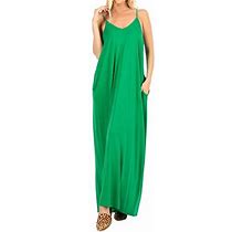 Women V-Neck Draped Jersey Beach Summer Cami Long Maxi Dress With Side Pockets (K Green, 2X)