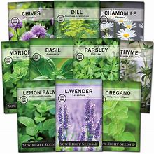 Sow Right Seeds - Large Herb Garden Seed Collection For Planting - Basil, Chives, Parsley, Lavender, Oregano, Dill, Lemon Balm, Chamomile & Thyme -