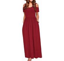 Summer Dress For Women Women Summer Cold Shoulder Floral Print Elegant Maxi Long Dress Pocket Dress Dresses Polyester Red M