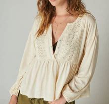 Lucky Brand Beaded Embroidered Pintuck Peplum Top - Women's Clothing Peplum Tops Shirts In Sand Dollar, Size XL