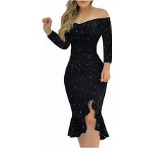 Oplxuo Off Shoulder Sequin Short Party Dresses For Women With Sleeves Glitter Ruffle Hem Slit Mini Formal Prom Cocktail Gown